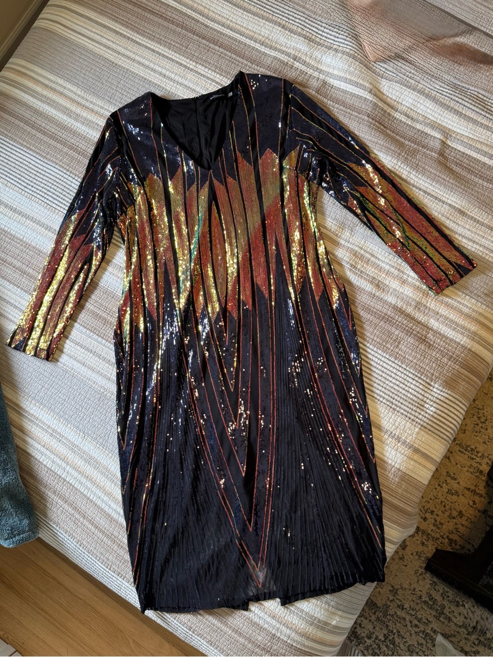 Black Sequin V-Neck Evening Dress with Gold and Copper Accents